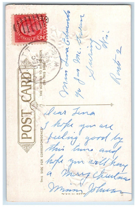 1926 Christmas Song Birds Holly Berries Winter Snow Embossed Antique Postcard