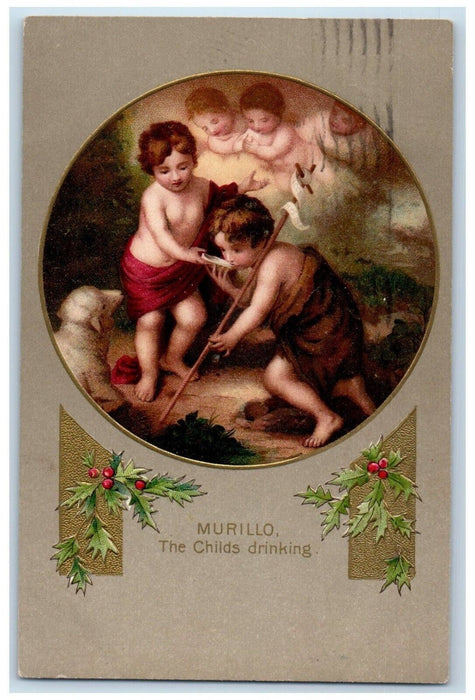 1909 Christmas Murillo The Childs Drinking Sheep Holly Winsch Back Postcard