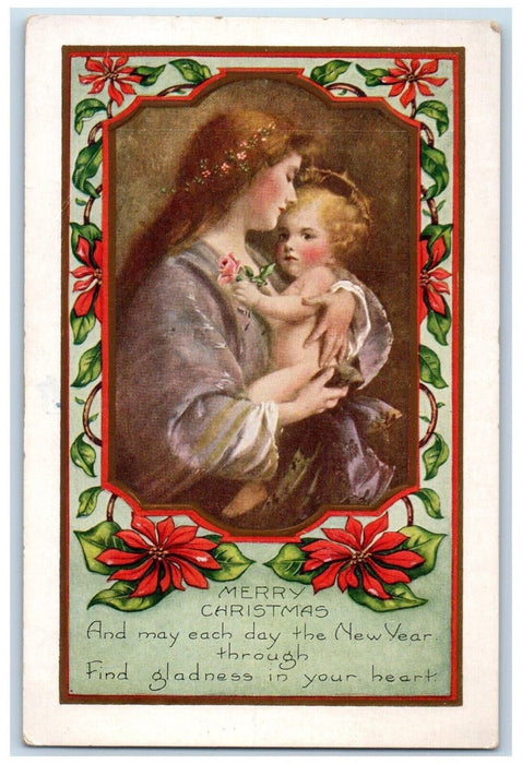 c1910's Christmas Pointessia Flowers Religious Embossed Posted Antique Postcard