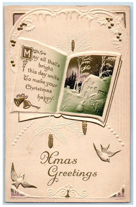 1914 Christmas Greetings Books Birds Pine Cone Embossed Posted Antique Postcard