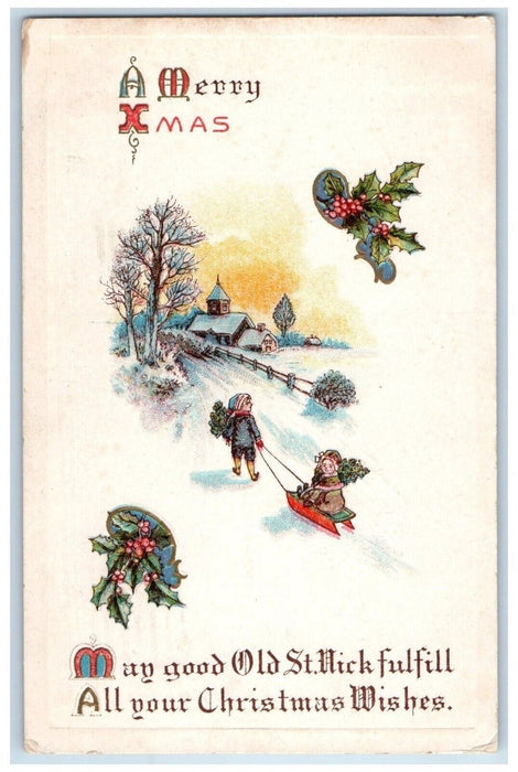 c1910's Christmas Boy Girl Sledding Holly Winter Snow Posted Antique Postcard
