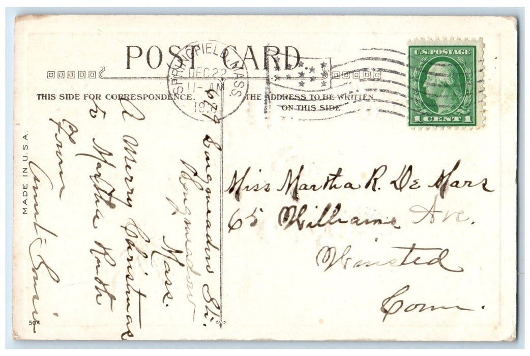 c1910's Christmas Boy Girl Sledding Holly Winter Snow Posted Antique Postcard