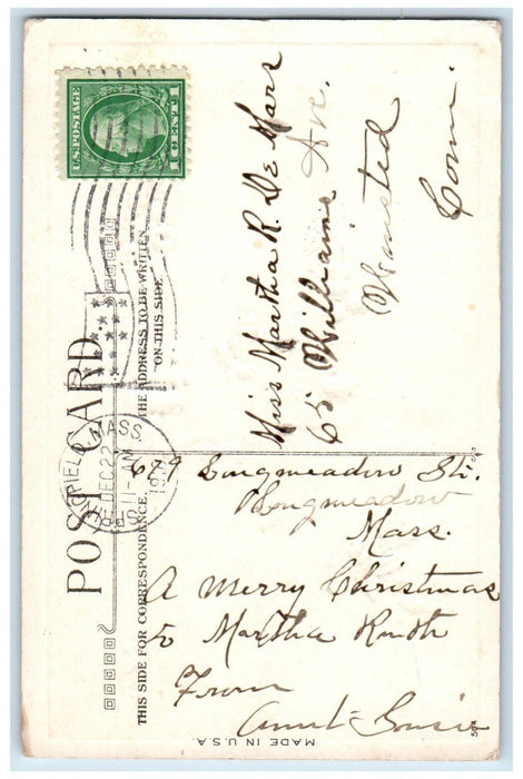 c1910's Christmas Boy Girl Sledding Holly Winter Snow Posted Antique Postcard