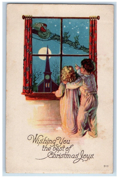 c1920's Christmas Boy Girl Santa Claus Reindeer Sleigh Moon Tower Clock Postcard