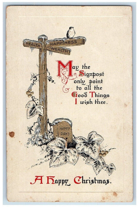 c1910's Christmas Bird Signpost Ivy Leaf Embossed Posted Antique Postcard