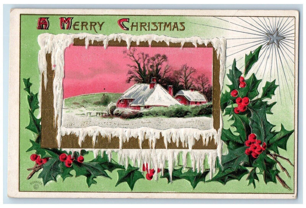 c1910's Christmas House Winter Snow Holly Berries Embossed Antique Postcard