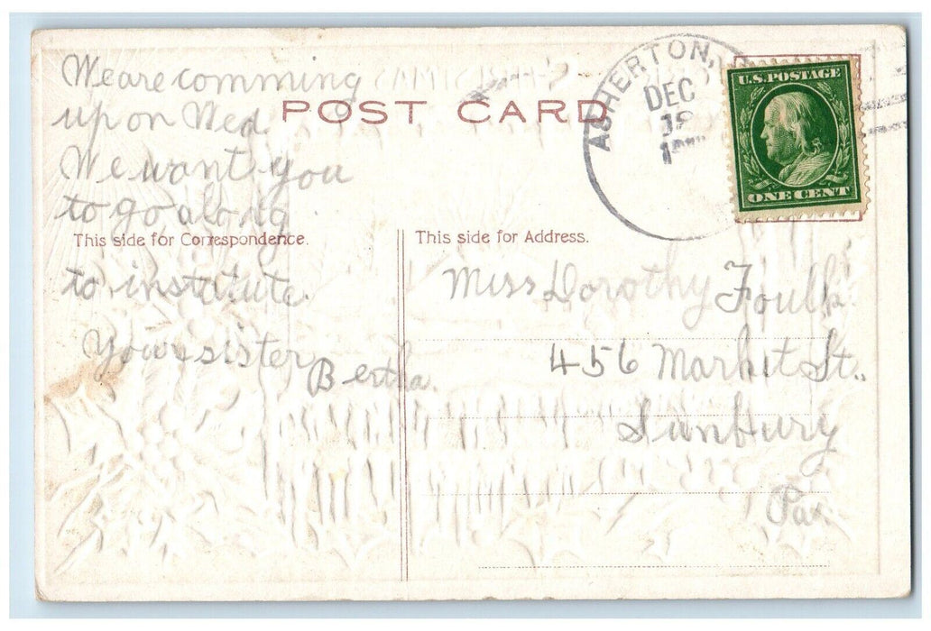 c1910's Christmas House Winter Snow Holly Berries Embossed Antique Postcard