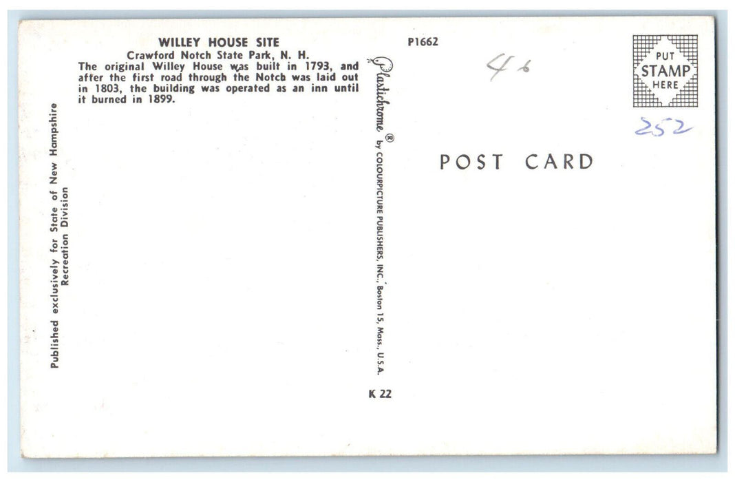 c1960's Willey House Site Crawford Notch State Park New Hampshire NH Postcard