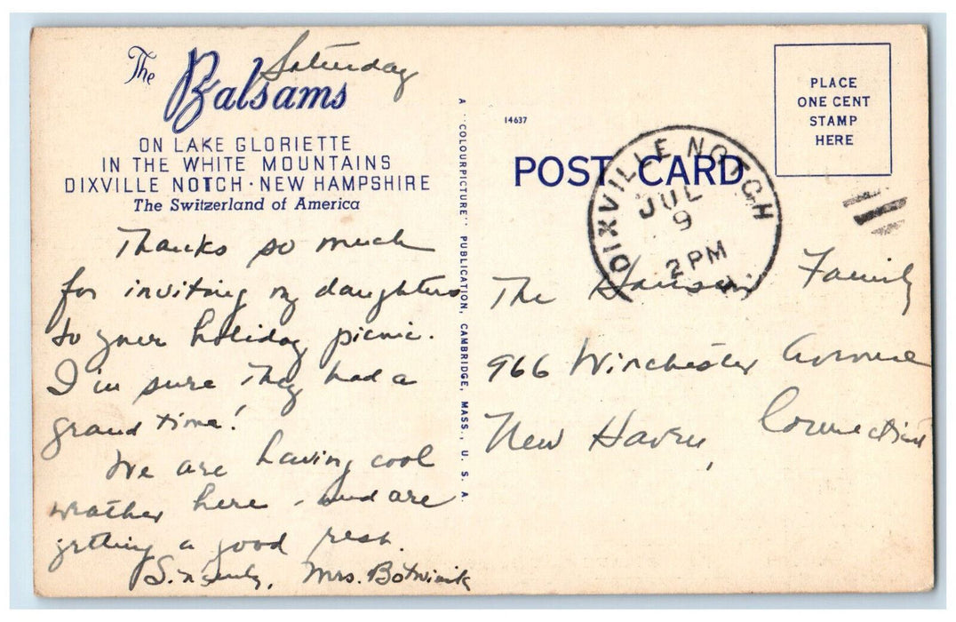 c1950's The Balsams On Lake Gloriette Dixville Notch New Hampshire NH Postcard
