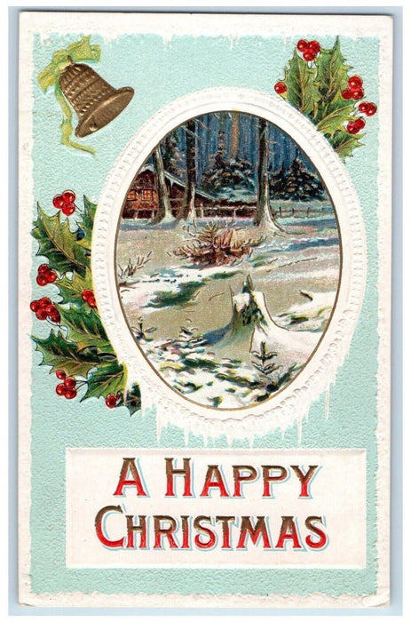 1911 Christmas Holly Bell Winter Snow Embossed Posted Antique Postcard