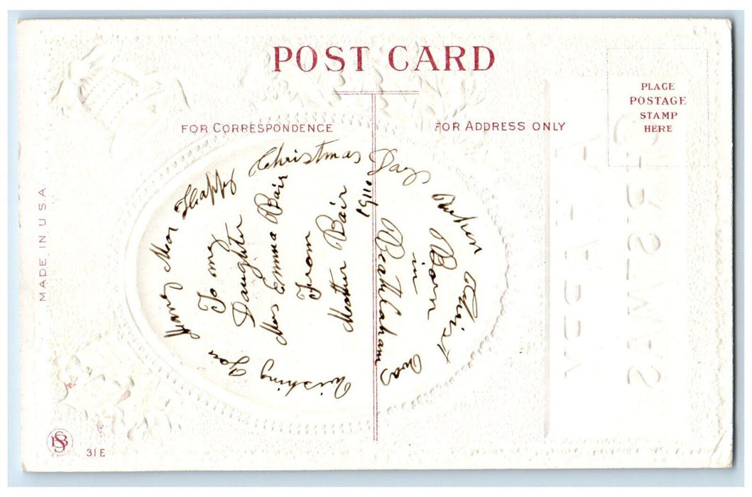 1911 Christmas Holly Bell Winter Snow Embossed Posted Antique Postcard