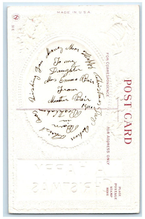 1911 Christmas Holly Bell Winter Snow Embossed Posted Antique Postcard