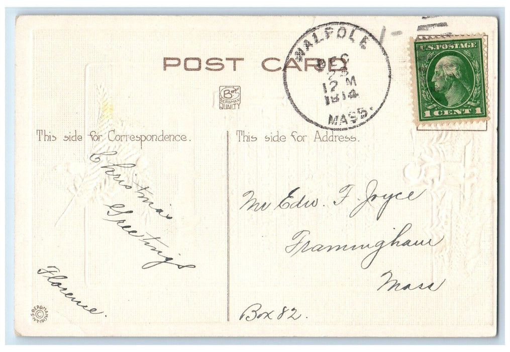 1914 Christmas Pine Candle Little Girl Flute Walpole Massachusetts MA Postcard