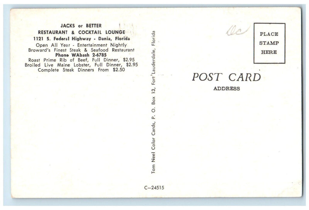 c1960's Jack Or Better Restaurant & Cocktail Lounge Dania Florida Postcard