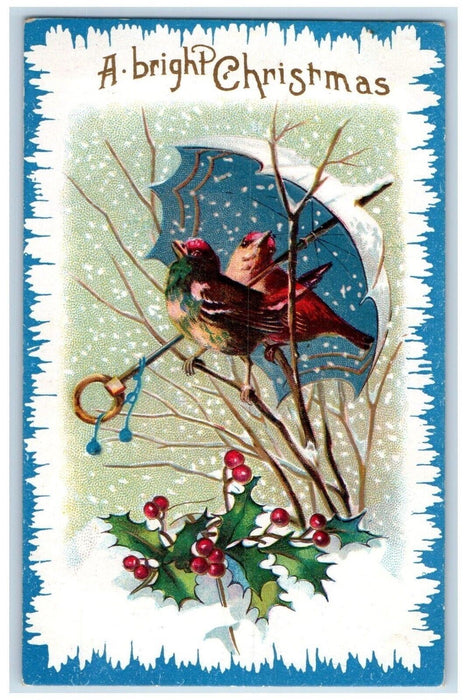 1908 Christmas Song Bird Umbrella Winter Snow Holly Berries Embossed Postcard