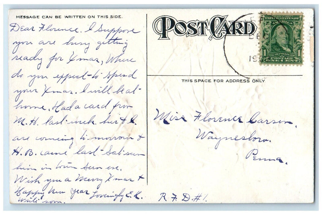 1908 Christmas Song Bird Umbrella Winter Snow Holly Berries Embossed Postcard