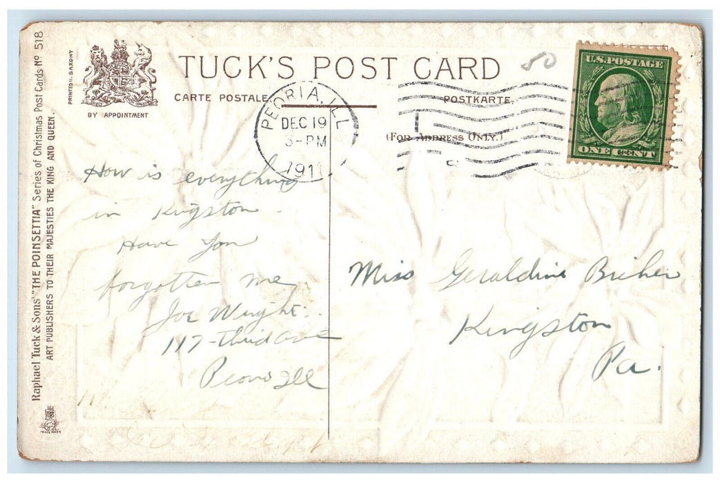 1911 Pointessia Flowers Christmas Peoria Illinois IL Tuck's Antique Postcard