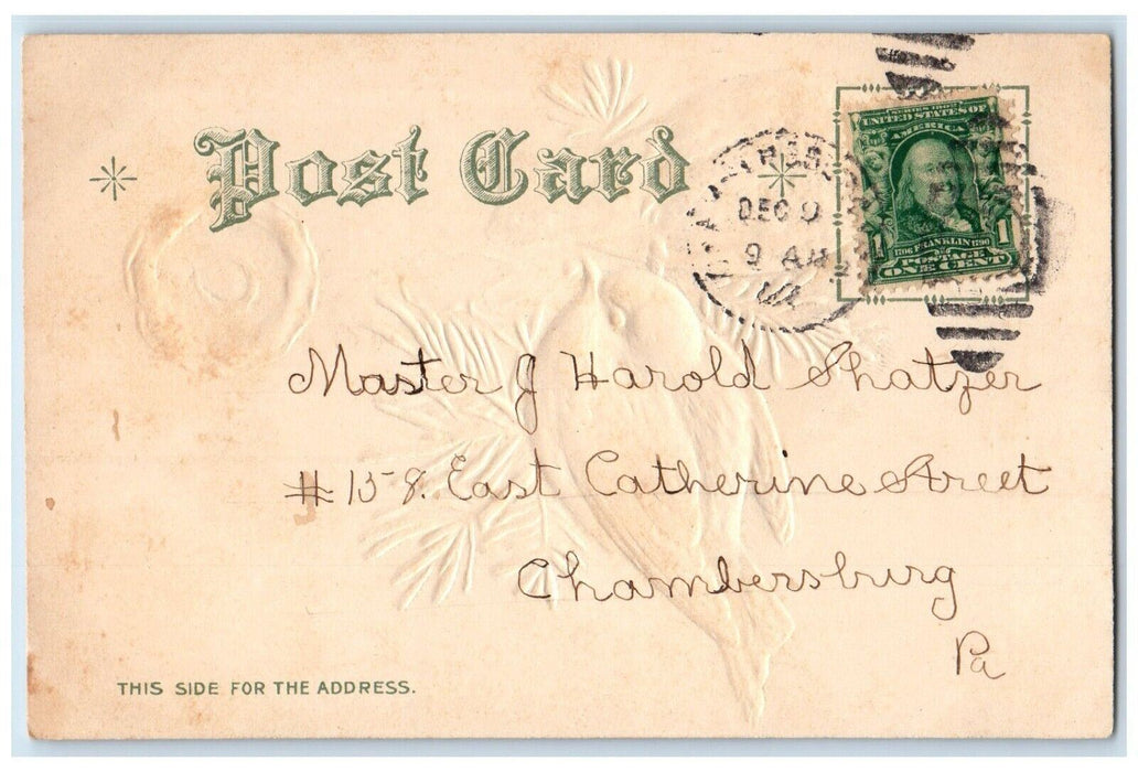 c1905 Christmas Wishes Song Birds Horseshoe Embossed Posted Antique Postcard