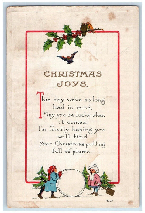 1914 Christmas Holly Bird Poem Little Girls Shovel Giant Snowball Postcard