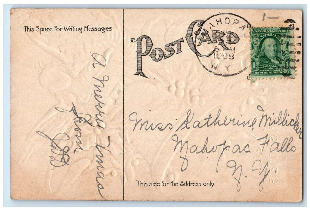 1908 Christmas Floating Angel Holly Berries Giant Bell Embossed Antique Postcard