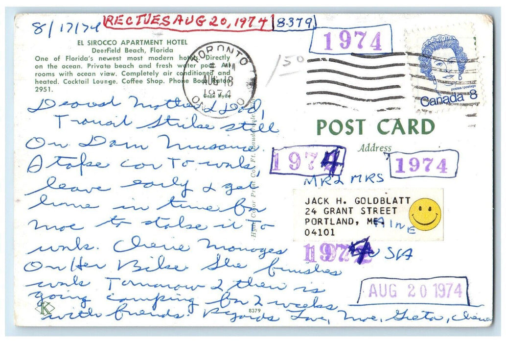 1974 El Sirocco Apartment Hotel Deerfield Beach Florida FL Posted Postcard