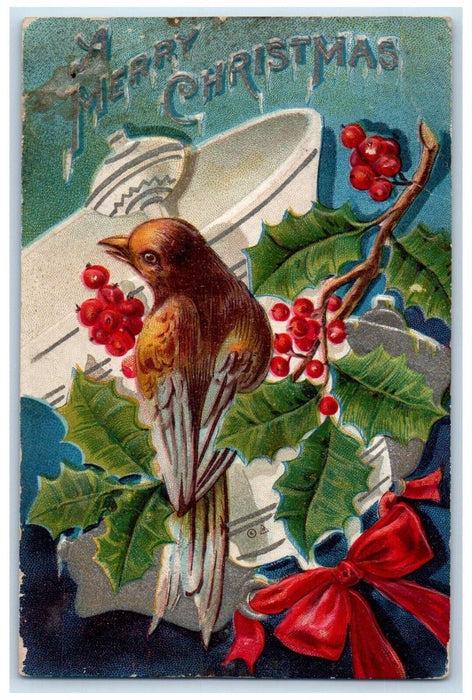 1910 Christmas Song Bird Holly Bells Red Ribbon Waynesboro PA Antique Postcard