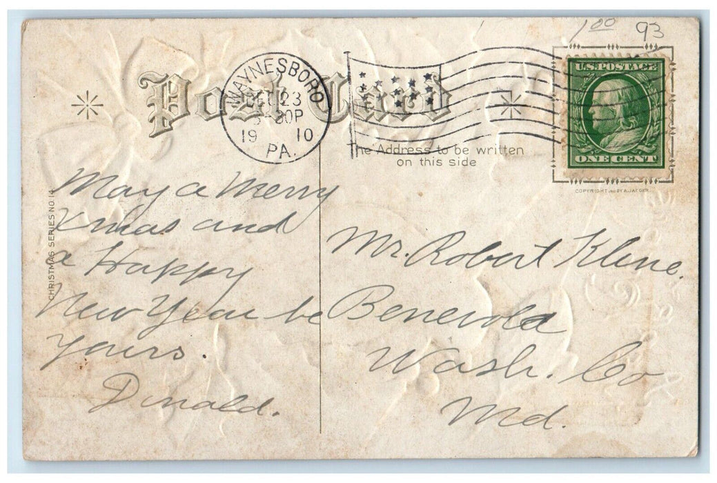 1910 Christmas Song Bird Holly Bells Red Ribbon Waynesboro PA Antique Postcard