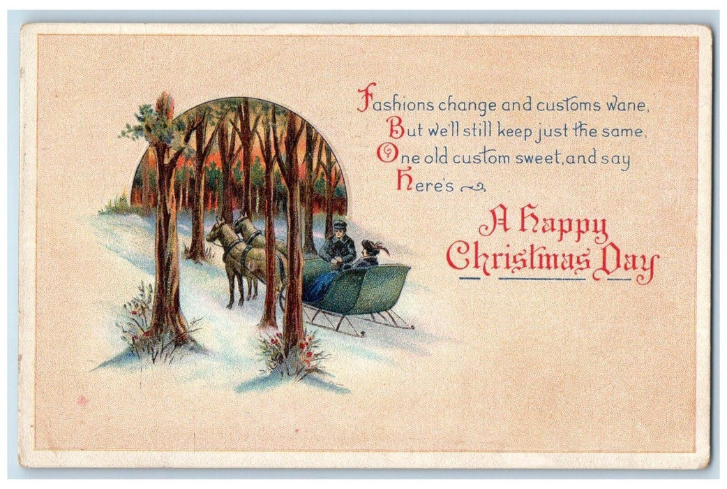 c1910's Christmas Horses Cart Sleigh Winter Snow Posted Antique Postcard