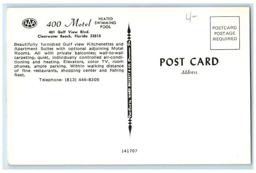 View OF 400 Motel Building Apartment Suites Clearwater Beach Florida FL Postcard