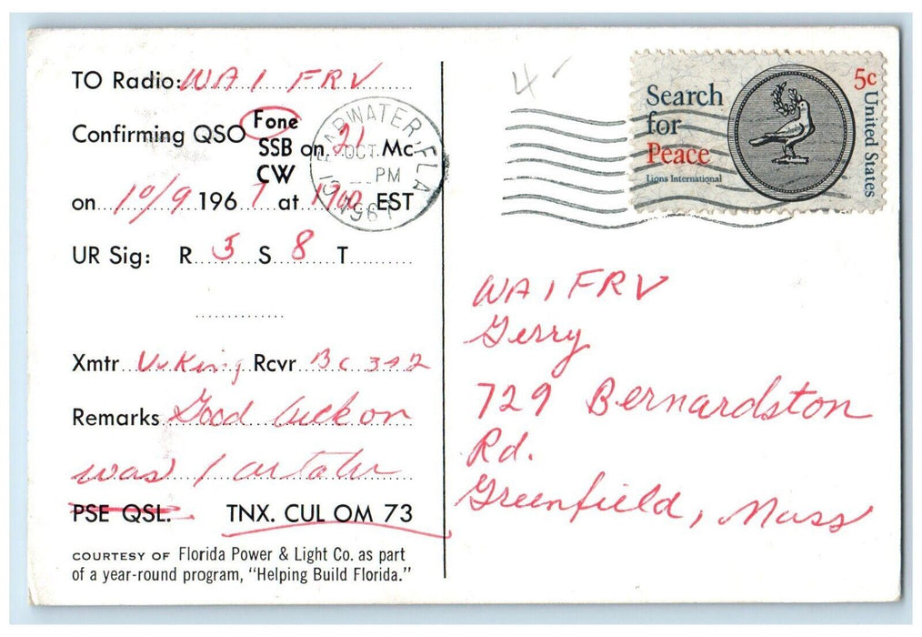 1967 CB Trucker Radio QSO Florida WB4BZ0 Sailboat Clearwater FL Postcard