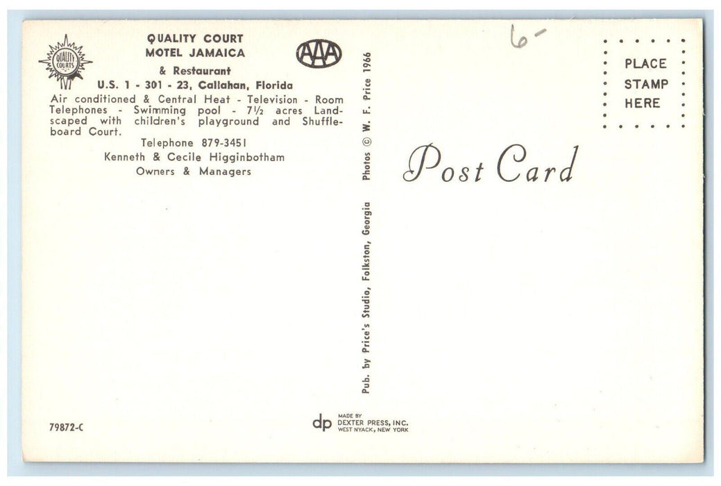 Quality Court Motel Jamaica & Restaurant Callaham Florida FL Dual View Postcard