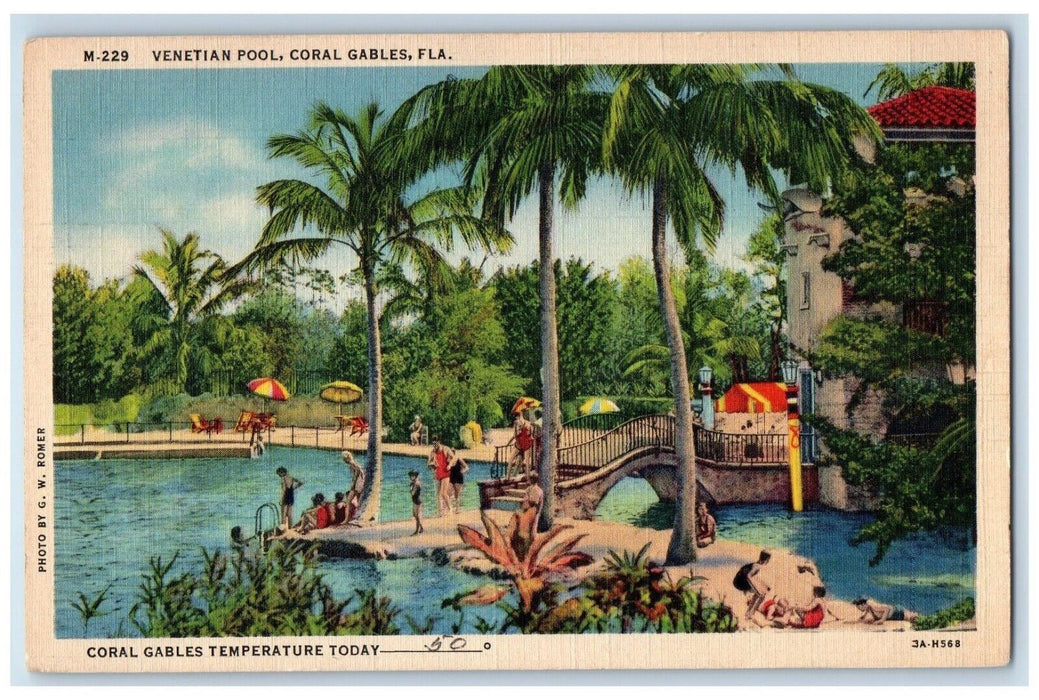 1937 Venetian Swimming Pool Palm Trees Coral Gables Miami Florida FL Postcard