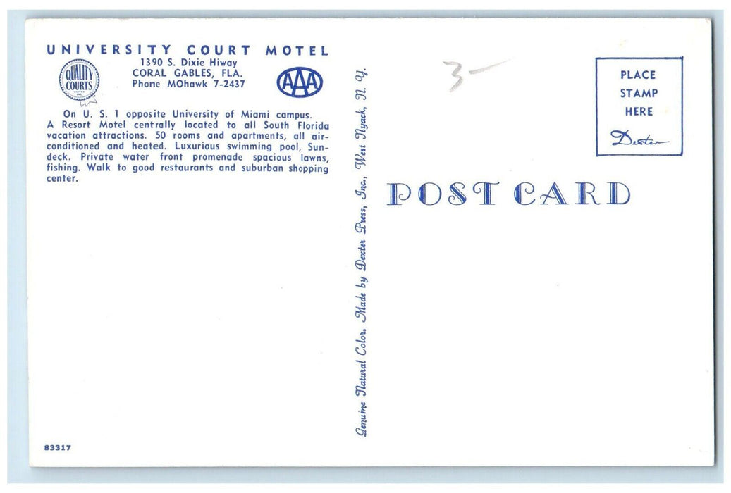 c1950's Birds Eye View University Court Motel Coral Cables Florida FL Postcard