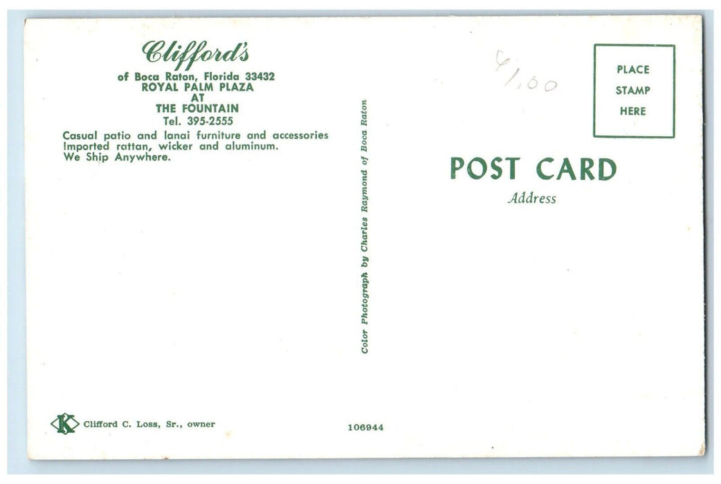 Clifford's Patio Lanai Furniture Royal Palm Plaza Boca Raton Florida FL Postcard