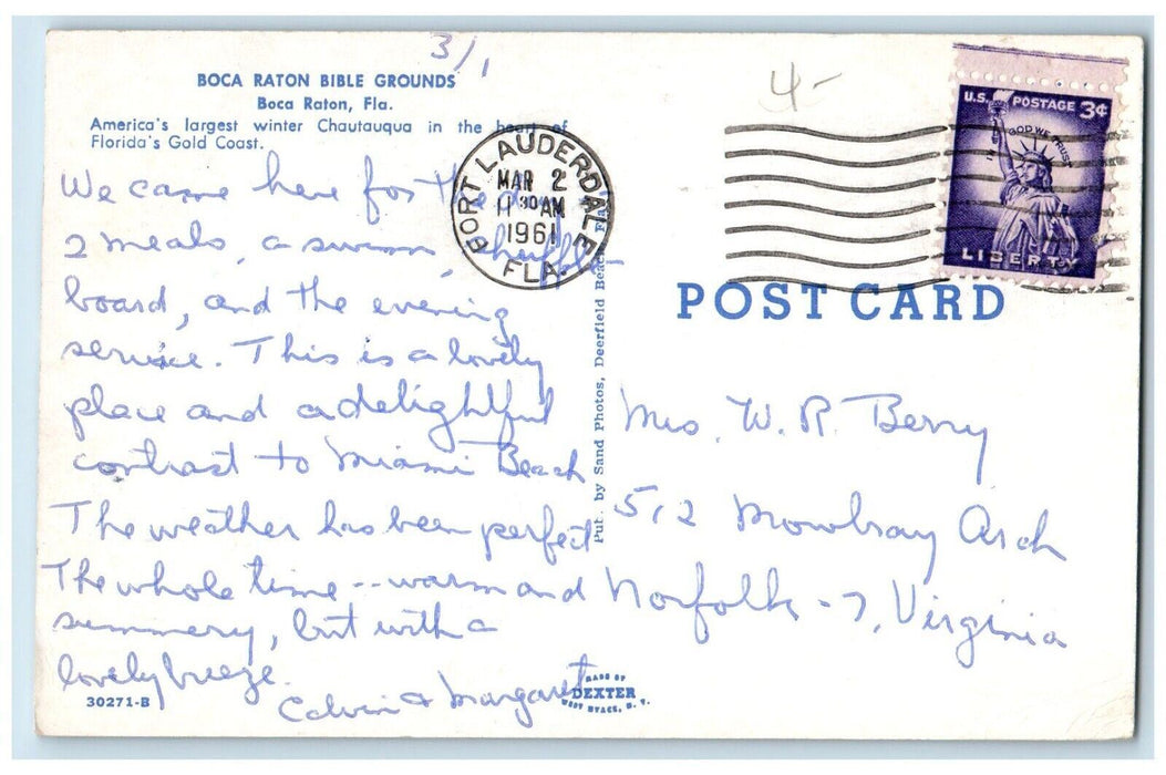 1961 Boca Raton Bible Grounds Swimming Pool Boca Raton Florida FL Postcard