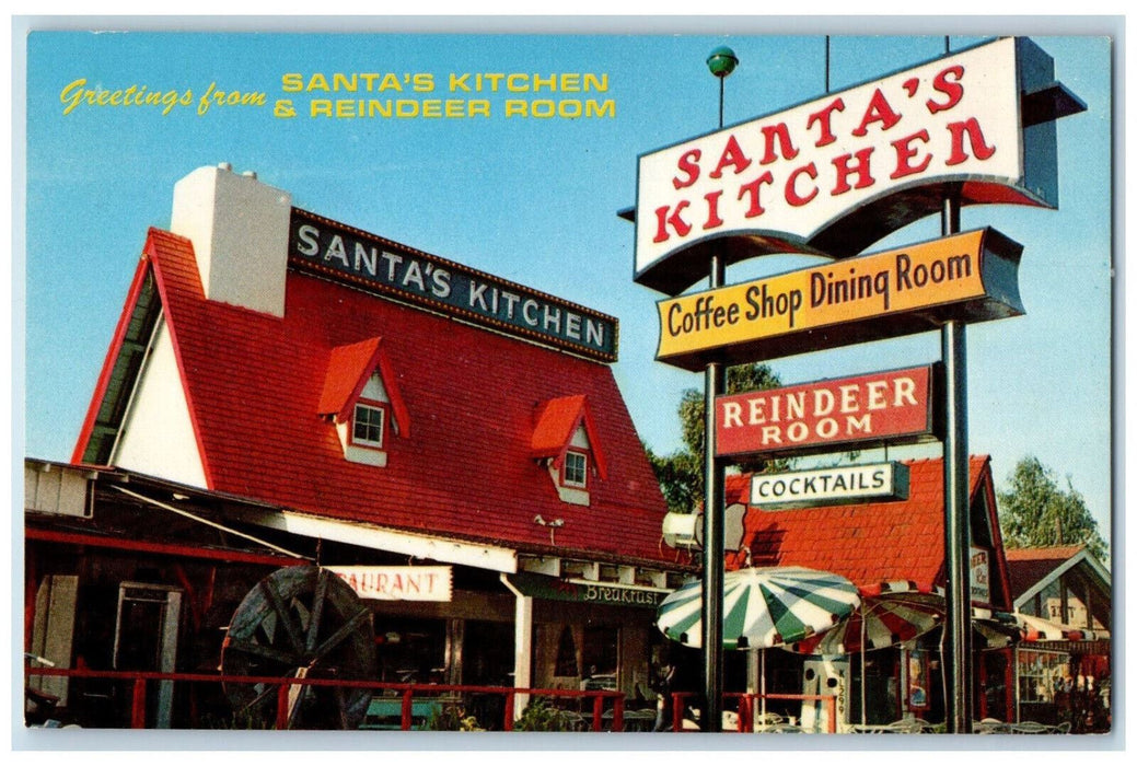 c1905 Greetings Santa's Kitchen & Reindeer Room Santa Claus CA Postcard