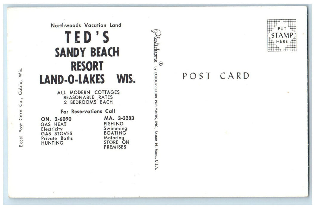 c1950's Ted's Sandy Beach Resort Lac Du Lune Land O Lakes Wisconsin WI Postcard