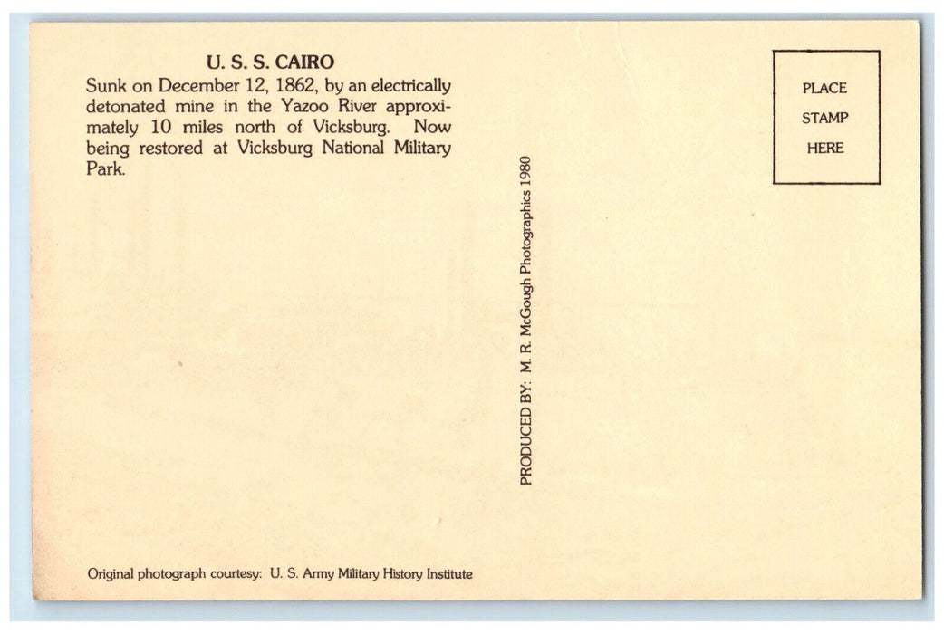 c1940's U.S.S. Cairo Vicksburg National Military Park Mississippi MS Postcard