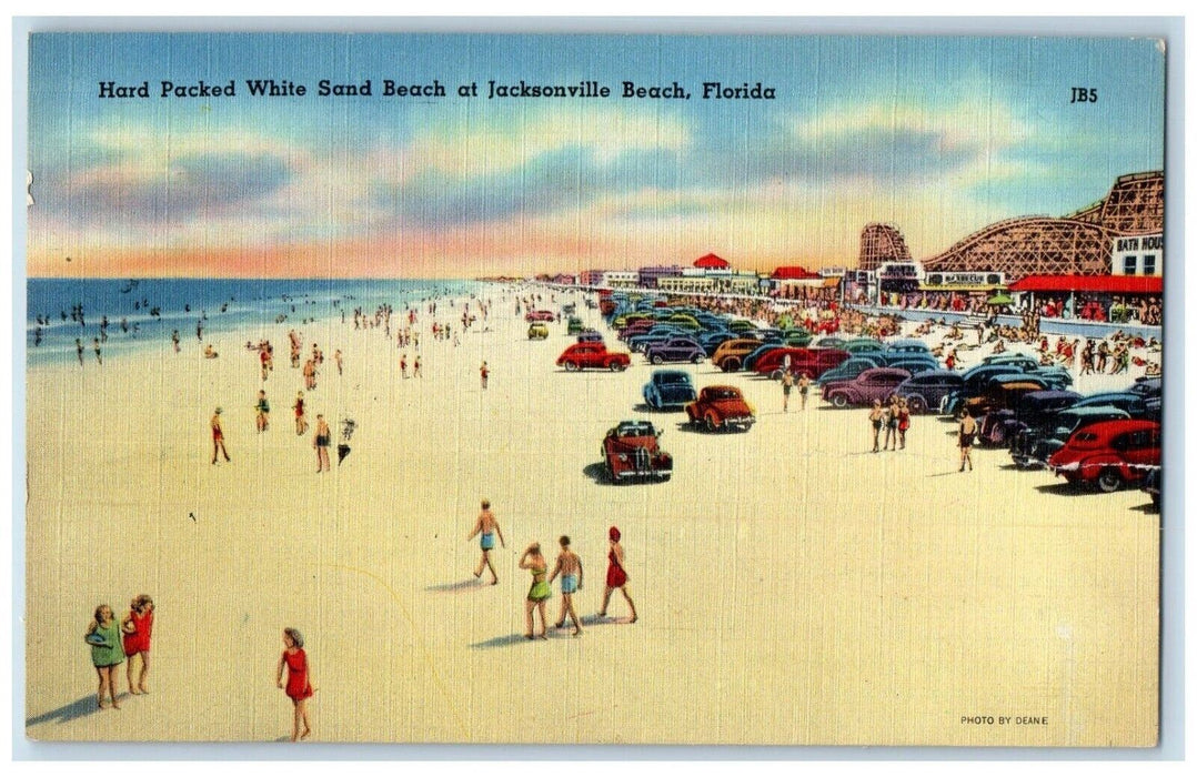 1940 Hard Packed White Sand Beach Jacksonville Beach Florida FL Antique Postcard