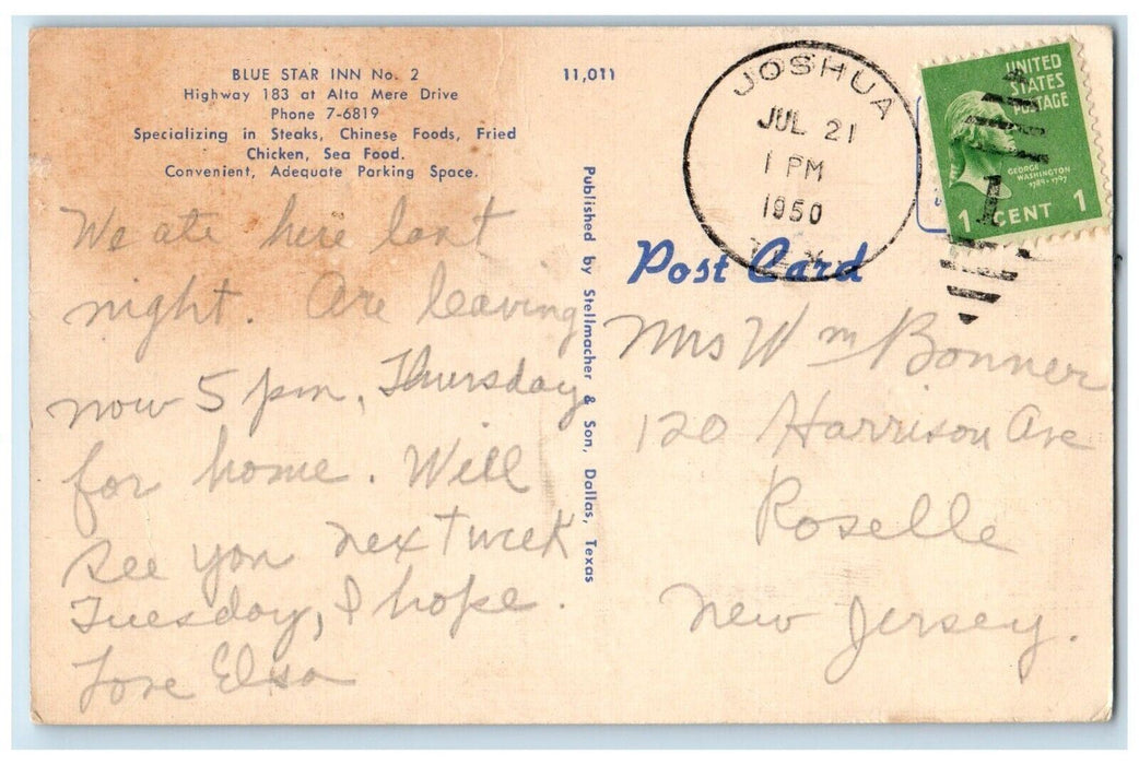 1950 Blue Star Inn Hotel And Restaurant Fort Worth Joshua Texas TX Postcard