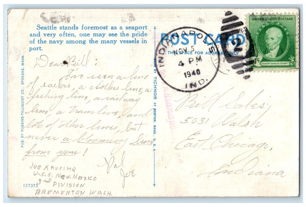 1940 Warships In Puget Sound Washington Mt. Ranier In The Distance Postcard