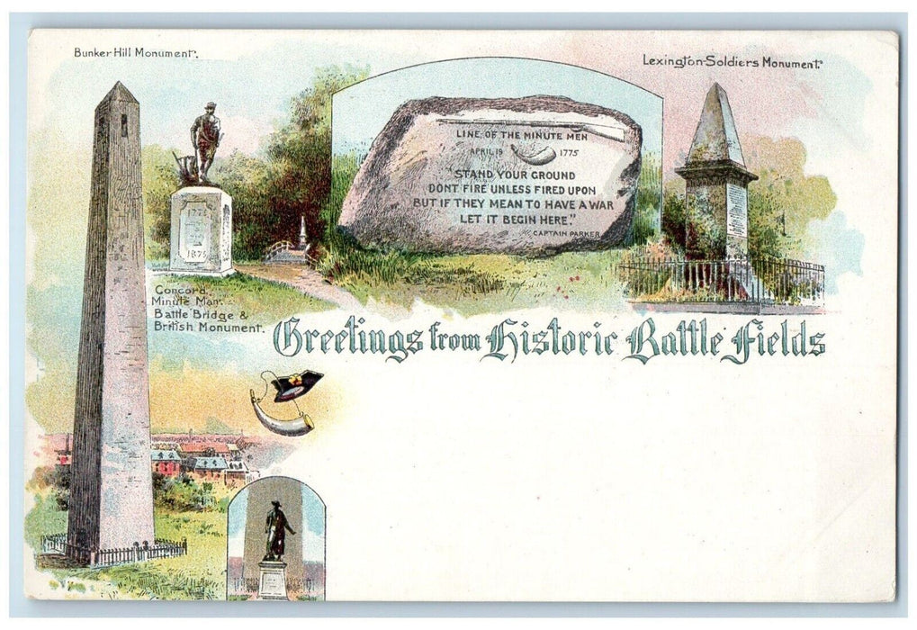 Greetings From Historic Battle Fields Massachusetts MA, Multiview Postcard
