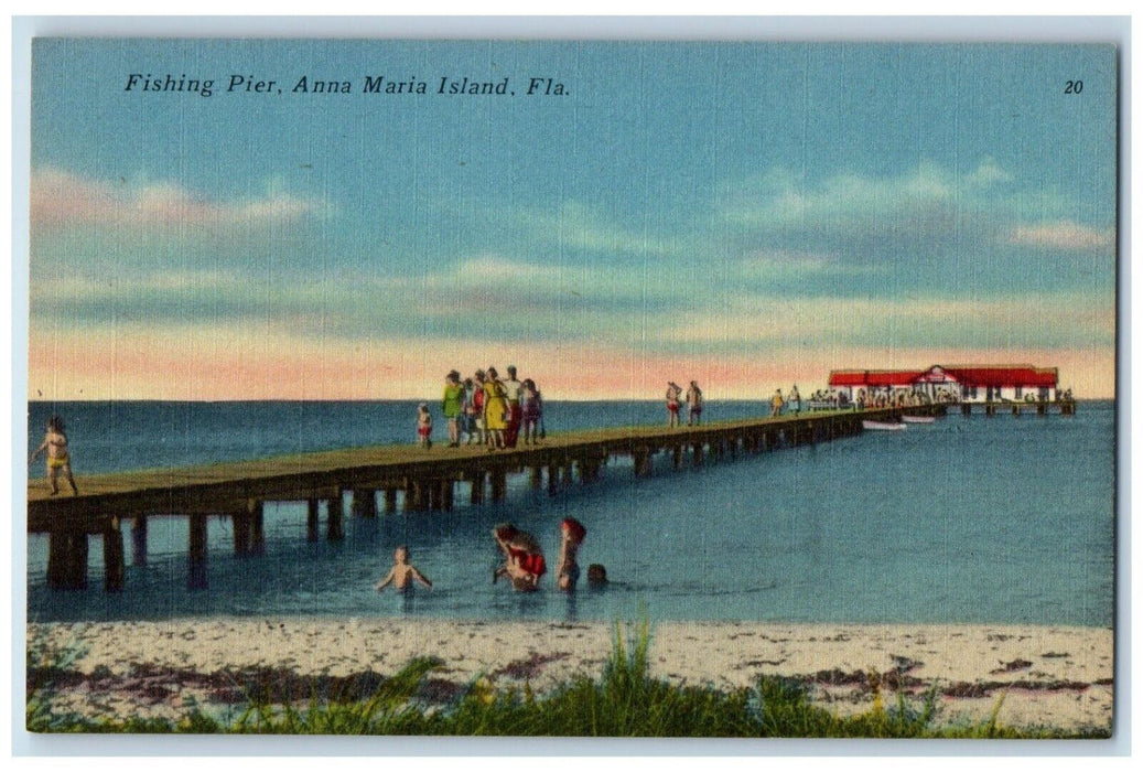 Fishing Peir Beach Bathing Picnics Anna Maria Island Florida FL Postcard