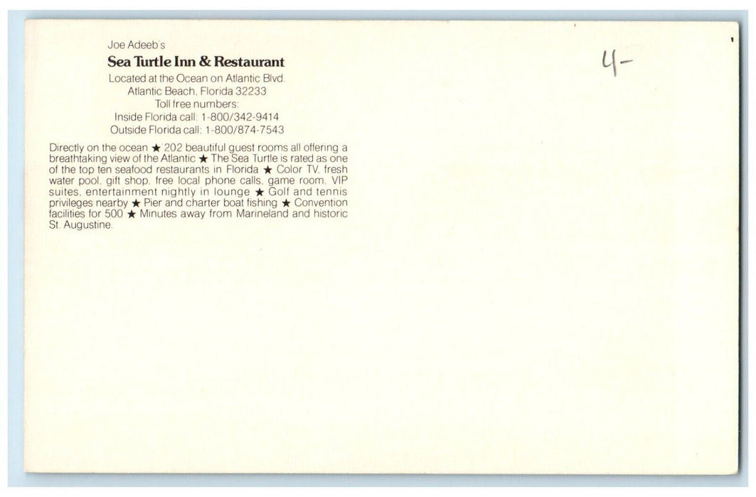 Joe Adeeb's Sea Turtle Inn & Restautant Atlantic Beach Florida FL Postcard