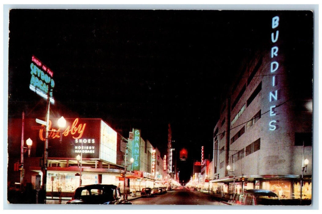 Flagler Street The Hub Of Miami At Nite Burdines Shoes Store Florida FL Postcard