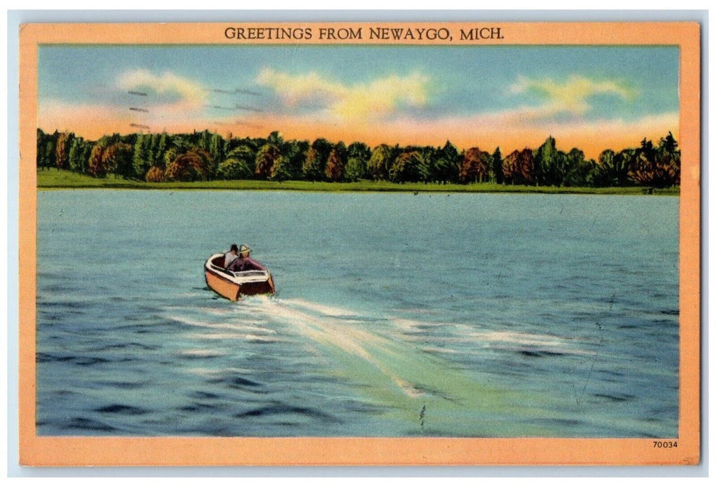 1955 Greetings From Newaygo Michigan MI, Sea View Boat Posted Vintage Postcard