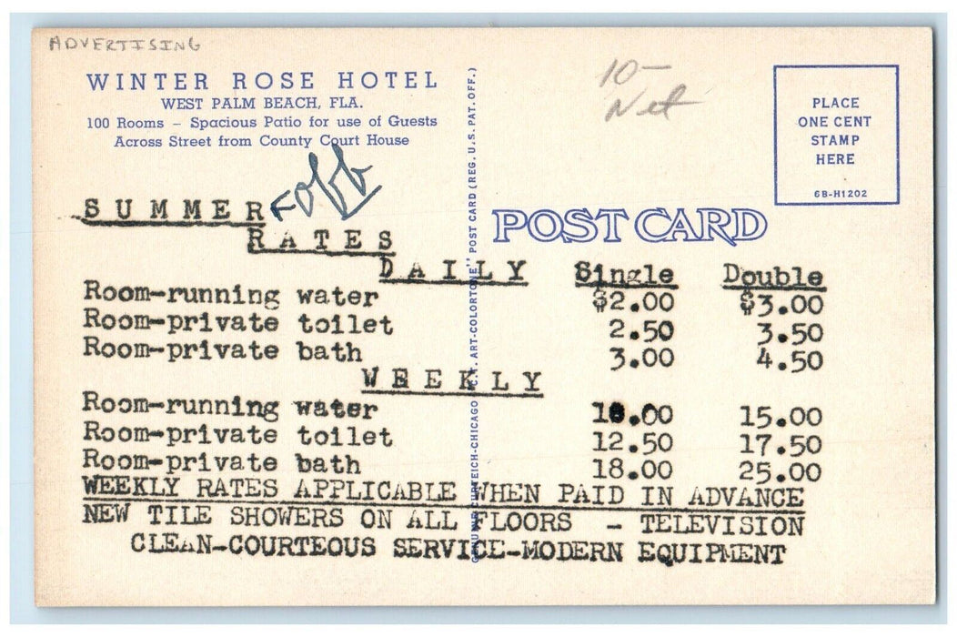Winter Rose Hotel Cars Street View West Palm Beach FL Advertising Postcard