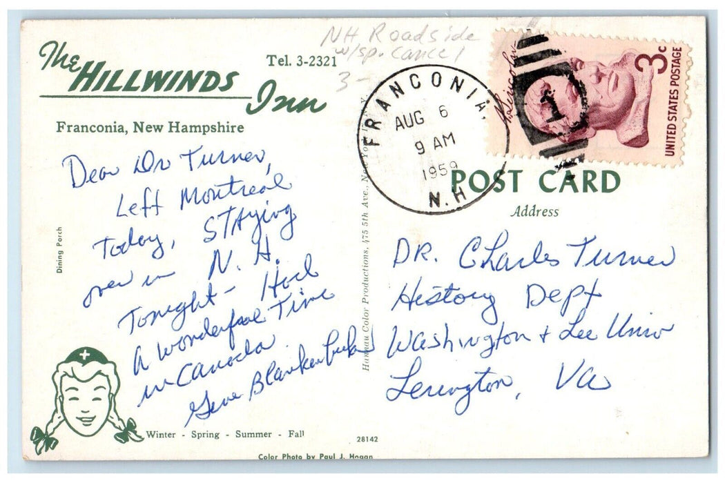 1959 The Hillwinds Inn Dining Room Franconia New Hampshire NH Vintage Postcard