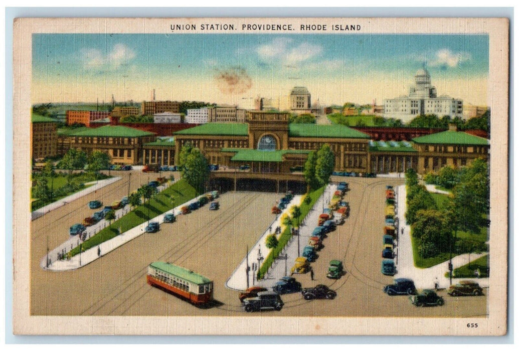 1943 Union Station Cars Trolley Providence Rhode Island New York NY Postcard