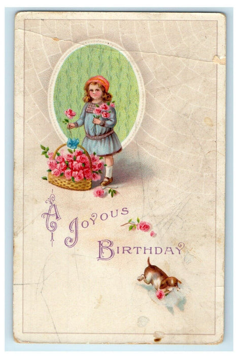 c1910's A Joyful Birthday Girl Basket Of Pink Flowers Puppy Dog Postcard